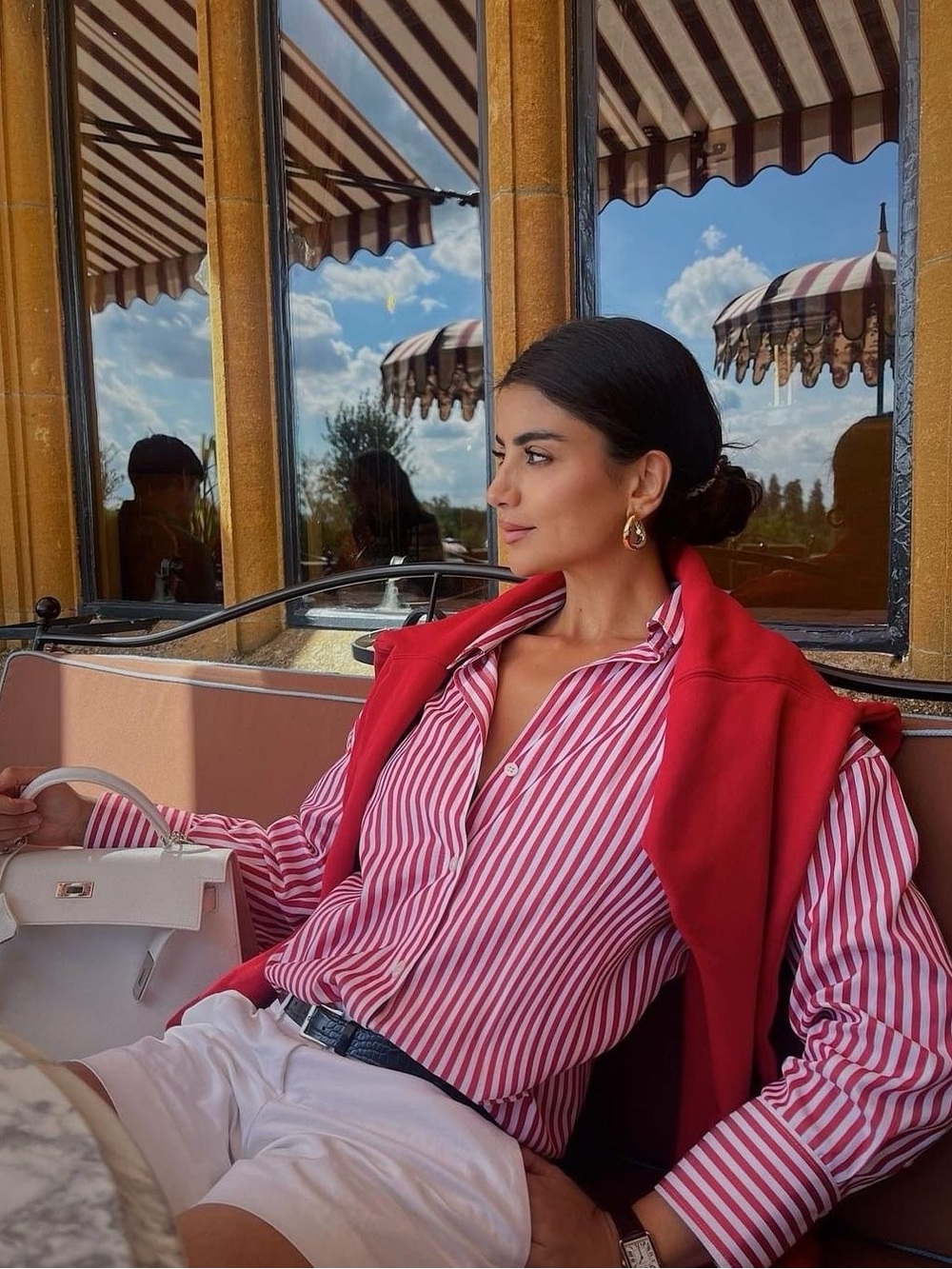 Striped Red and White Button-Up Women's Top - Picture 5 of 9